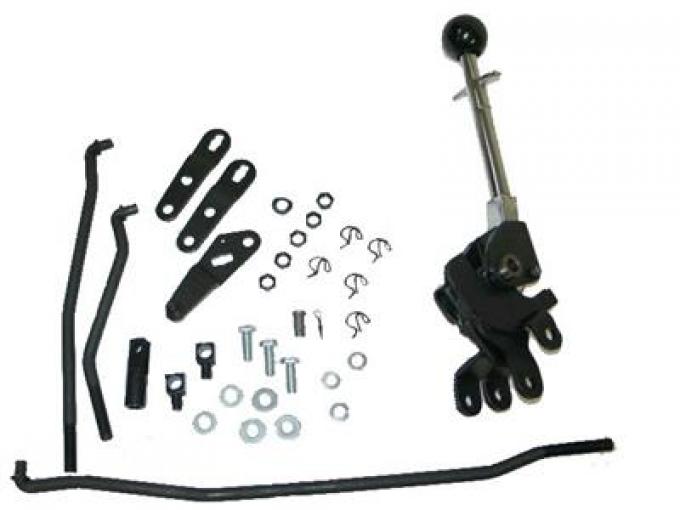 74-76 Shifter Assembly 4 Speed With Linkage Set Black Chrome Knob Included
