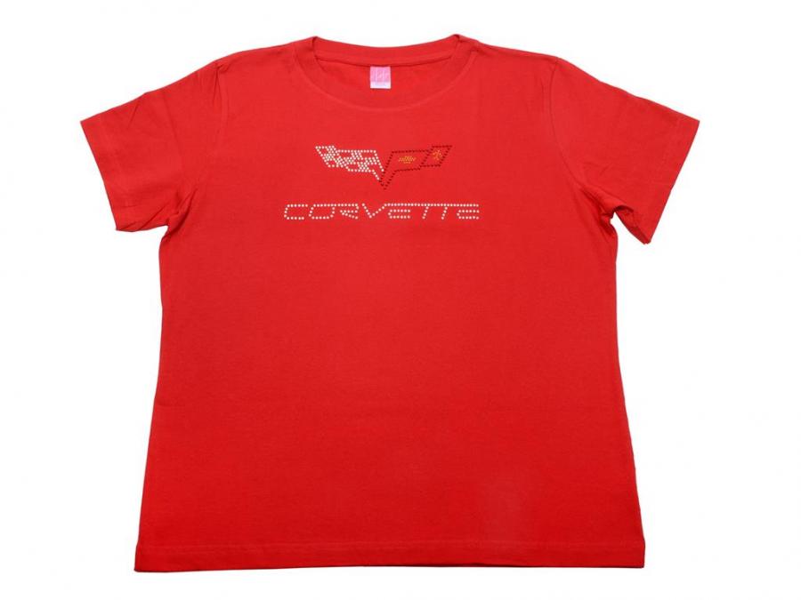 T-Shirt Womens C6 Corvette Rhinestone Emblem Red