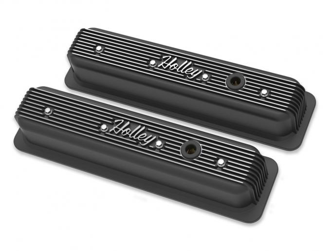 Holley Vintage Finned Valve Cover, "" Script, SBC, Center Bolt, Satin Black Machined 241-247