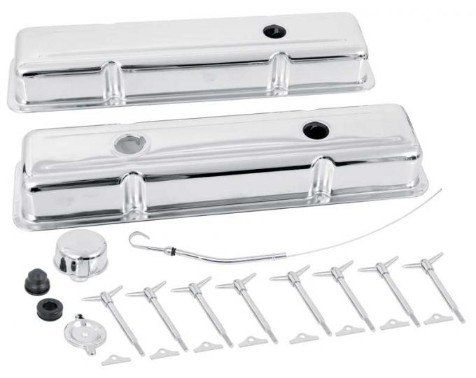 OER Chevrolet Engine Dress-Up Set, Small Block, Low Profile Valve Covers, T-Bolts, Oil Cap, Chrome T3101